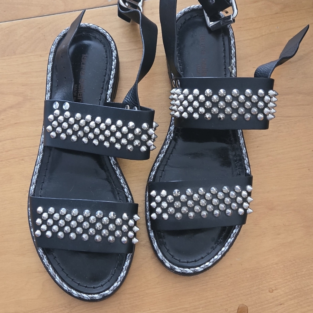 Laura Bellariva High Quality Leather Edgy Black Studded Sandals